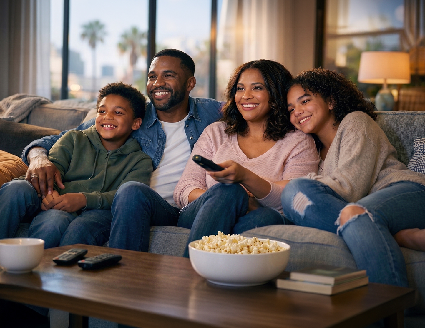 Cozy family watches TV together at home on couch